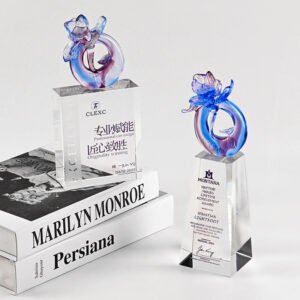 Exquisite Handmade Liuli Orchid K9 Crystal Award Trophy, Commendation Gift for Employee Anniversary, Retirement, Corporate Recognition