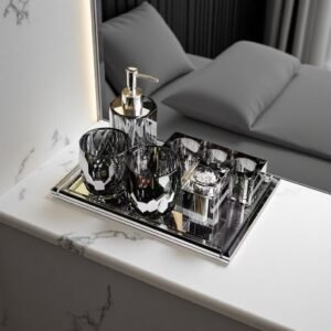Luxury Crystal Bathroom Accessories Set - Custom Hotel Vanity Set with Soap Dispenser, Toothbrush Holder, Tumbler, and Tray - Factory Direct Customization