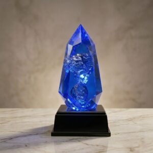 Custom Crystal Trophy with Embedded Mineral Specimen & LED Light Base for Mining Companies