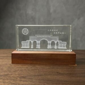 Custom Architectural Landmark Crystal Ornament with LED Wooden Base for Anniversary Souvenirs