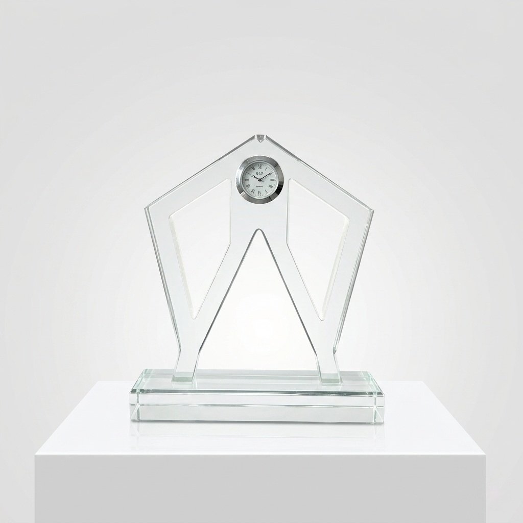 Custom Corporate Crystal Trophy with Inset Clock | Modern Geometric Crystal Craft Corporate Souvenir
