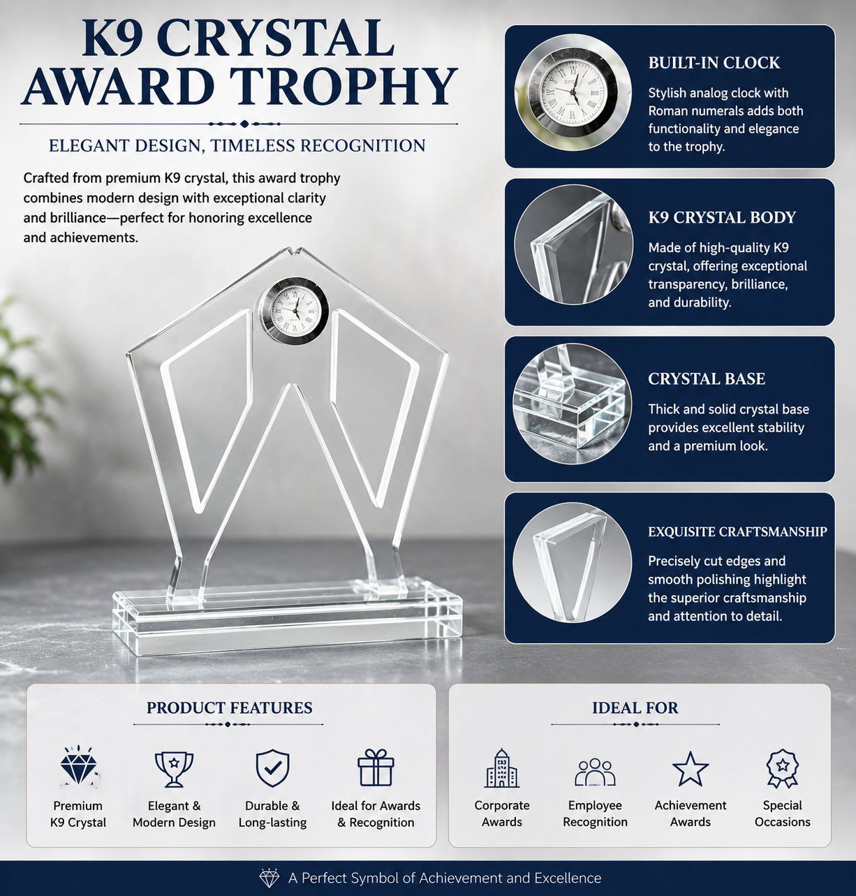 Custom Corporate Crystal Trophy with Inset Clock | Modern Geometric Crystal Craft Corporate Souvenir - Image 4